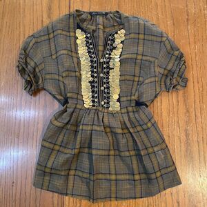 Boho Folk Zara Woman 100% Wool Plaid Coin Embellished Tunic Top Brown Mustard S
